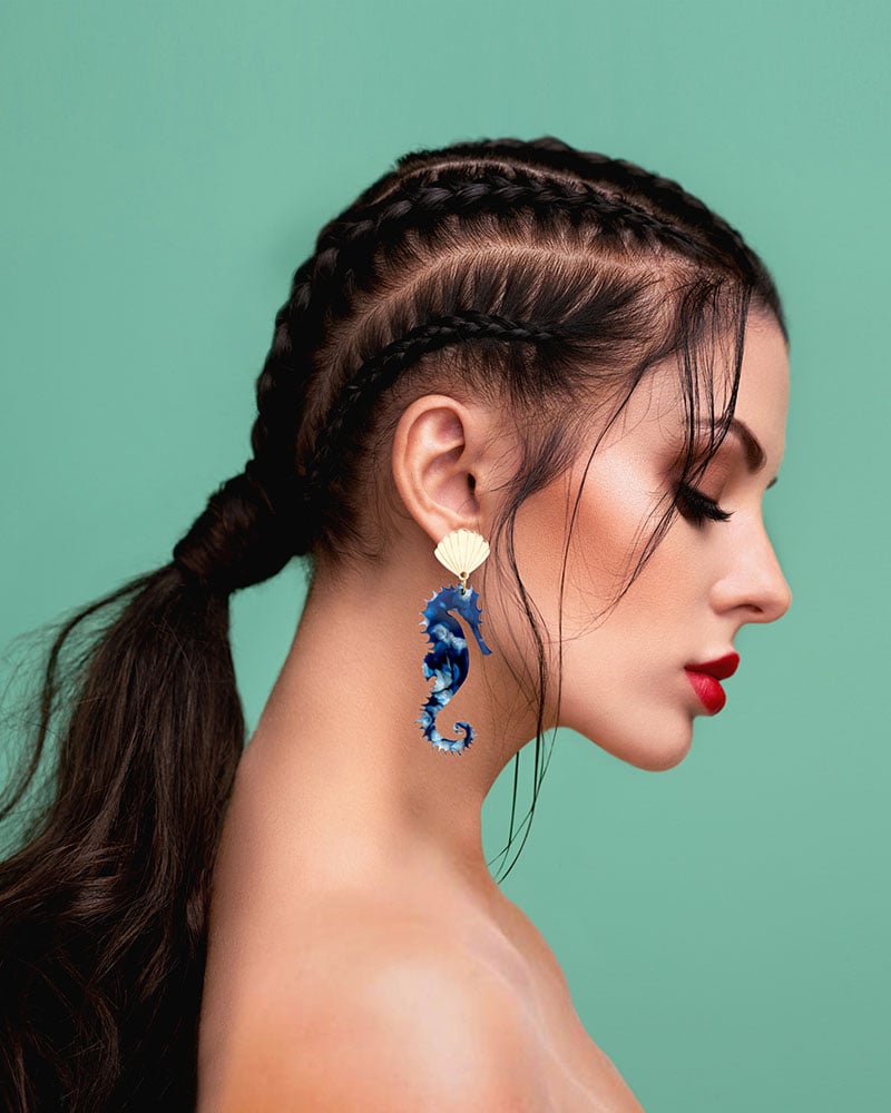 Blue Sea Horse 1 - Dash of Gold Acrylic Earrings