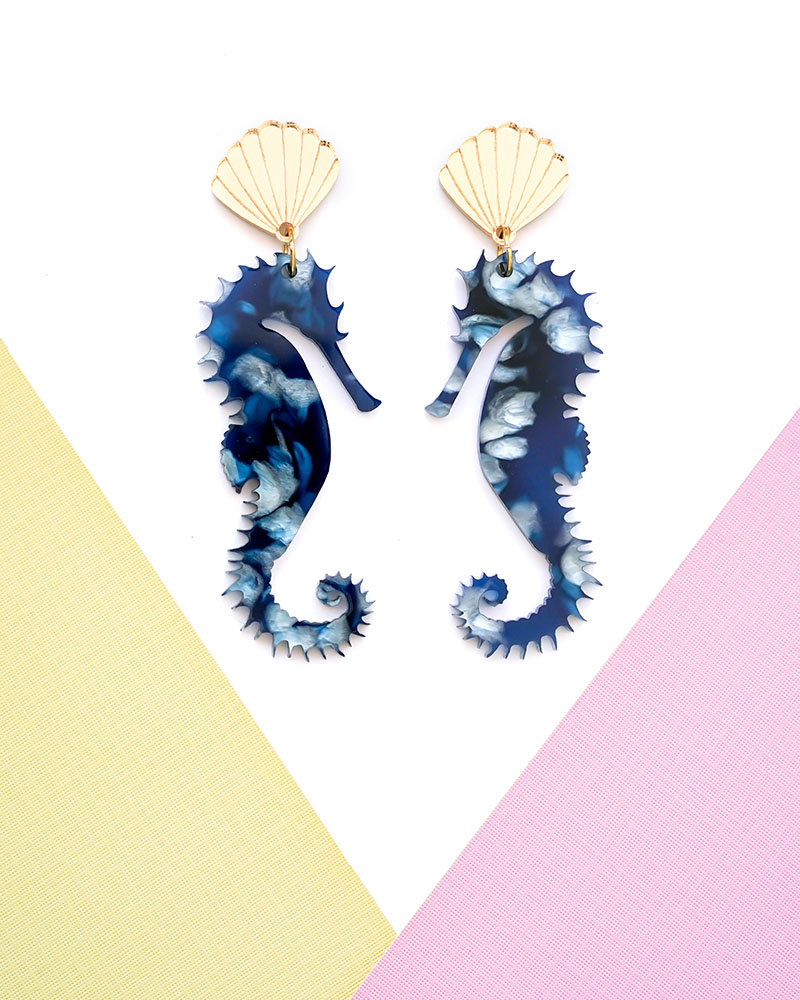 Blue Sea Horse 3 - Dash of Gold Acrylic Earrings